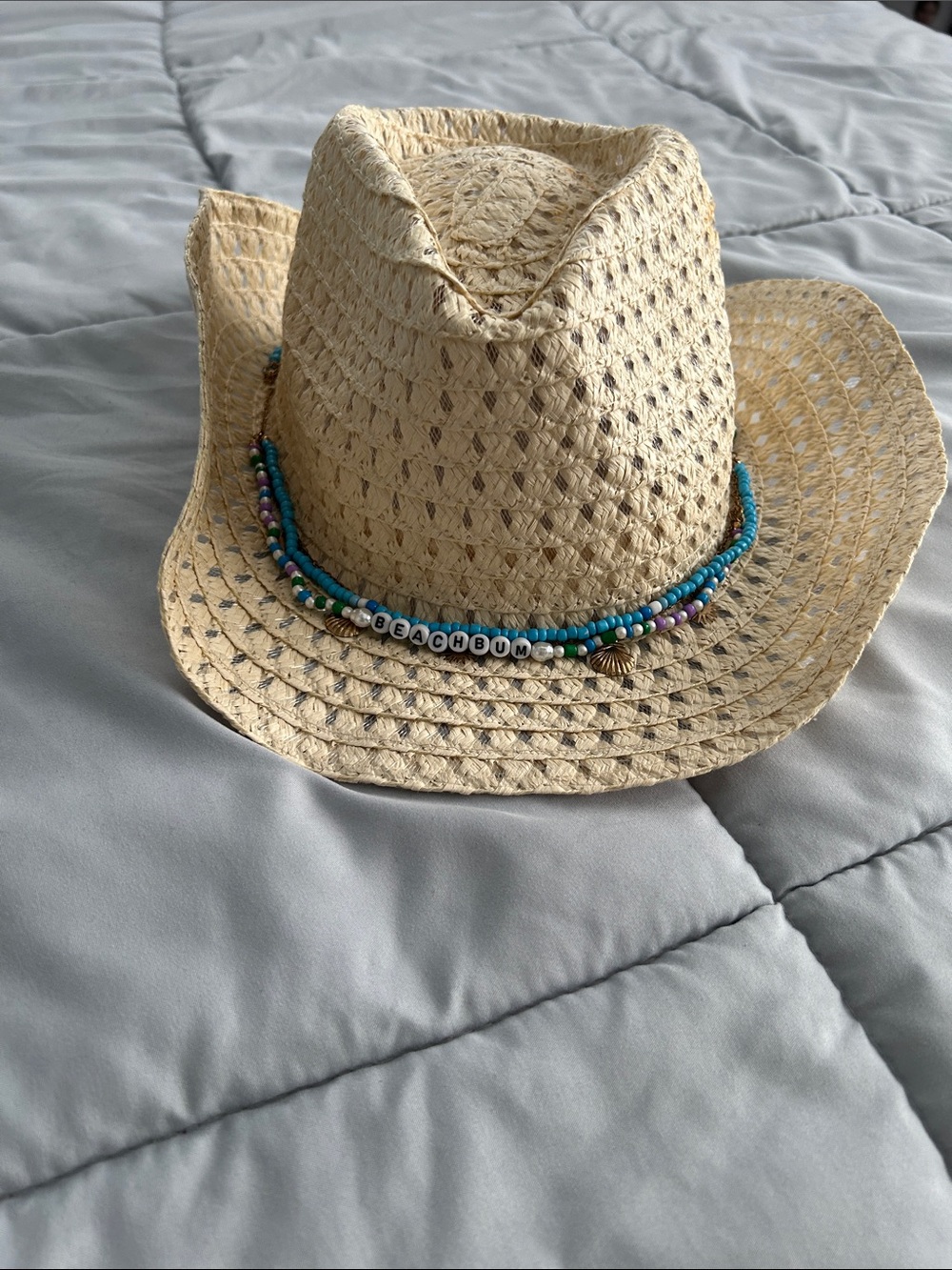 Straw beach bumCowboy Hat with Turquoise Beaded Band